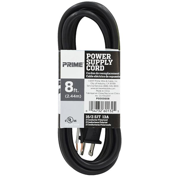 Products  Q1400, Prime Wire and Cable, PRIME PS005608 Replacement Power  Supply Cord, Electrical Ratings: 125 V, 8 ft L Cord: Electrical, Wire, Cord  & Cable, Power & Control Cables